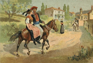 Provencen alueella juhlittu vanha tapa: Camarguais-kokous. 1800-luvun lopun kromolitografia.
