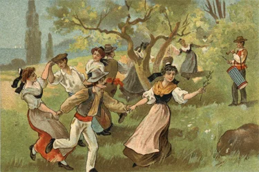 Provencen alueella vietetty vanha tapa: silkkiäistoukkien sadonkorjuujuhlien farandoli. 1800-luvun lopun kromolitografia.