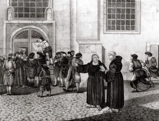 31.10.1517 Luther julkaisi Wittenbergin linnan porteille 95 teesiään "", jotka tuomitsivat ammojen myynnin ja jotka merkitsivät uskonpuhdistuksen alkua - grav.