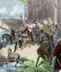 Vouillen taistelun (507) aattona Clovis I löytää hirven perässä liljojen paljastaman Wienin arvion. Hän kantaa kukkaa voiton panttina ja ottaa sen sitten sen tunnukseksi. Kaiverrus Paul Lehugen "" Histoire De France En Cent Paintings" -kirjoitukseen