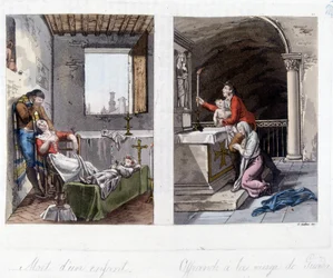 Vasemmalla lapsen kuolema ja vanhempien suru. Oikealla uhri Guada Lupan neitsyelle. 1800-luvun litografia