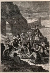 Yksi niistä irrotettu hampaista: Vara-amiraali John Byron (1723-1786) yhdellä Magellanin Detroitin saarista - Fuegians (Tierra del Fuegon asukkaat) purkaa hampaillaan repeytyneen ja kivettyneen valaan. rannalla - sairas