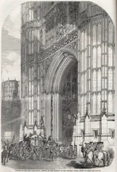 Uuden parlamentin avajaiset - hänen majesteettinsa saapuminen Victoria-tornille, House of Lords 1852