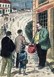 Maallisen koulun ja yksityiskoulun välinen vastakkainasettelu Ranskassa Karikatyyri Le pelerinistä 24/03/1912 Collection privee