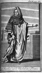 Ritarin ritarikunta. Chevalier de Saint Michel Ranskassa 1400-luvulla. Kirjassa "" Sotilaallisten ritarien tai ritarien historia, molempien sukupuolten turvalliset ja rutiininomaiset miliisit, jotka on perustettu tähän mennessä. Painos otettu Abbe Giustini