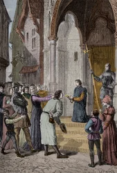 PERKIN WARBECK (c1474-1499) flaamilainen huijari; väitti olevansa Richard, Yorkin herttua, toinen Edward Ivin pojista - Lukiessaan tunnustuksensa Westminster Hallin ulkopuolella Lontoossa