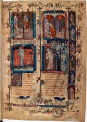 Valaistu sivu Guillaume de Lorrisin (noin 1200-1238) ja Jean de Meunin (Meung) (1240-1305) käsikirjoituksesta "Le Roman de la Rose" noin 1353 Sveitsin Bibliotheque de Geneve