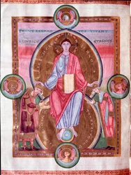 Keisarin Raamatun sivu: Kristus tetramorfin ympäröimänä keisari Henrik III:n ja hänen vaimonsa Agnes of Poitou välillä (miniatyyri