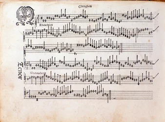 Sivu: Ottaviano Petruccin musiikillinen partituuri Harmonice Musices Odhecaton (1501)