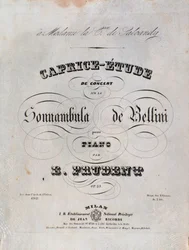 Sivu nuotit Emile Prudentin Caprice-tutkimukseen pianolle perustuen Vincenzo Bellinin La sonnambulaan