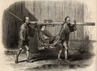 Palanquin on ihmisten käytössä, avoin, käyttäjä laittaa tavaransa katolle ennen kuin asettuu asumaan matkaansa. Kaiverrus havainnollistamaan matkaa Japaniin vuosina 1863-1864, Sveitsin valaliiton ministeri Aime Humbert kirjassa "Le tour du monde"