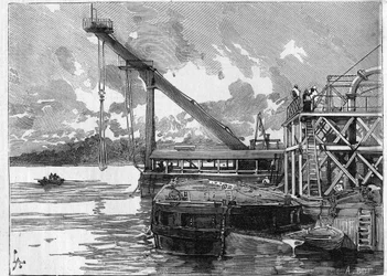 Panaman kanava toimii. Pääkoneet: Bigue-ponttoni. Kaiverrus "" Le Monde Illustré" -kirjassa