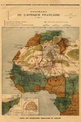 Panoraama Ranskan Afrikasta, kartta Ranskan tutkimusmatkoista Afrikassa. Kaiverrus "" Le petit Journal" -julkaisussa 5/03/1894. Selvan kokoelma.