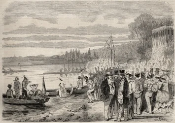 Pariisilaiset meloijat. Regates de Saint-Cloud (Saint Cloud) vuonna 1857. Kaiverrus "Le Monde illustrious"" vuodelta 1857. Yksityinen kokoelma.