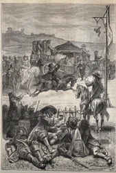 Parrot Shooting - 1800-luvun kuvitus Walter Scottin (1771-1832) historialliseen romaaniin "The Puritans of Scotland" (Old Mortality)