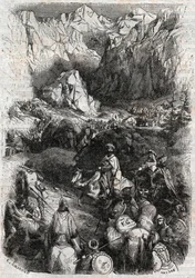 Maurien kulku Pyreneiden yli - kaiverrus vuodelta 1851 Ludovico Arioston teoksesta "Raivoisa Orlando" (Orlando furioso) (1500-luku) - kreivi de Tressanin italiasta kääntämä ja Gustave Havardin vuonna 1851 julkaisema laitos