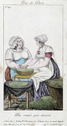 Hernekauppiaat: kaksi naista luopumassa herneistä. "" Riviherneet, skotlantilaiset herneet" - "" Cris de Paris "", deb. 1800-luvulla