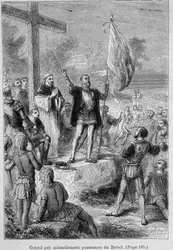 Pedro Alvarez Cabral, portugalilainen merenkulkija (1460-1526) ottaa haltuunsa Brasilian, jota hän kutsui Terra de Santa Cruziksi, noin 1500. Kaiverrus 1800-luvulta.