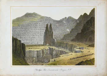 Penrhyn Slate Quarries, lähellä Bangoria, Pohjois-Wales (käsin värillinen litografia paperille).