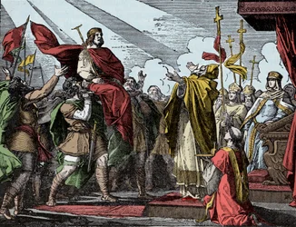Pipin julistetaan frankkien kuninkaaksi - Pipin Pienen (714-768) voitelu, Saint-Denisin basilika, 28. heinäkuuta 754: Paavi Stefanus II vihki hänet frankkien kuninkaaksi ja roomalaisten patriisiksi (Patricius Romanorum).