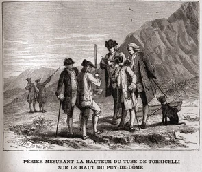 Perrier, joka mittaa Barometrin (elohopeaputken) korkeutta Puy-de-Dômen huipulla 20. syyskuuta 1618, Evangelista Torricelli tai Torricelli, kaiverrus 1800-luku, Bianchetti-kokoelma.