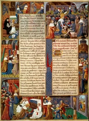 Piete-kohtaus: "" Kuningas Ludvig IX (1214-1270) (Pyhä Louis) pesee köyhien jalkoja, kuningas rukoilee ja kohtauksia kristillisestä rakkaudesta kuninkaalta"" Miniatyyri käsikirjoituksesta "" Monsignor Saintin tosiasioiden kirja Louis”” 1400-luku. Paris, B.