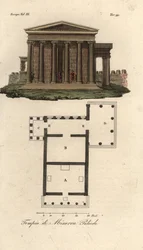 Erechtheionin tai Erechtheum A:n, Neptunuksen B temppelin, Minerva Poliasin temppelin ja Caryatidien C kuistilla sekä Pandrosuksen tai Pandrosion D:n temppelin suunnitelma ja korkeus