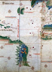Cantinon planisfääri: Alberto Cantinon kartta vuodelta 1502, joka esittää Tordesillasin sopimuksessa (1494) määrätyn Portugalin ja Espanjan Amerikan välisen rajalinjan. Biblioteca Estense. Modena