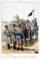 Kiltti vuodelta 1811, joka kuvaa ryhmää kasakkoja, jotka palaavat kirkosta häiden jälkeen.