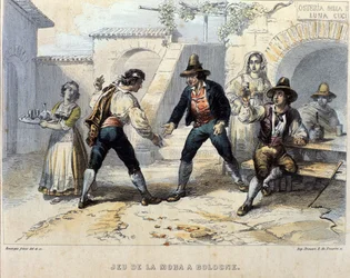 Pelaajat die (morra), italialainen peli osteriassa (majatalossa) Bolognassa. 1800-luvun alku
