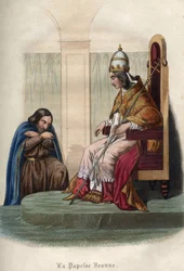 Paavi Johanna, joka hallitsi vuosina 855–858, yllään paavinvaatteissa. Papess Jeanne (paavin 855-858) paavin vaatteissa. Kaiverrus vuodelta 1842 Maurice Lachatren teokseen "Histoire des Popes". Yksityinen kokoelma.