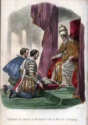 Paavi Gregorius XIII (1502-1585) vastaanottaa vuonna 1572 Pärttylinyön verilöylyssä murhatun Gaspard de Colignyn (1519-1572) pään lahjana Ranskan kuninkaalta Kaarle IX:ltä (1550-1574).