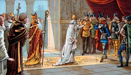 Paavi Stephanus II (Stephanus) pyytää Pepin Briefin apua langobardeja vastaan vuonna 754 Ponthionin palatsissa – paavi Stefanos II (III) pyytää Pepin Lyhyeltä apua langobardeja vastaan vuonna 754