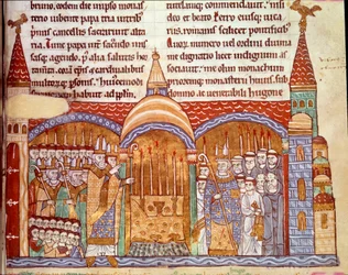 Paavi Urbanus II (1042-1099) Clunyn luostarin alttarin edessä. Hän vahvisti Clunyn luostarin etuoikeutensa ja omaisuutensa ja tunnusti Hughesin luostarille piispankoristeiden käytön vuonna 1088. Miniatyyri Clunyn aikakirjasta