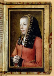 Muotokuvassa oletetaan Anna Bretagnen (1477-1514) Ranskan kuningatar. Miniatyyri, katkelma tuntikirjasta. Anonyymi