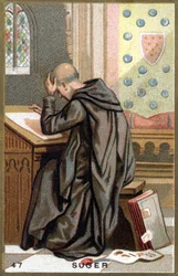 Abbe Sugerin (1081 - 1151) muotokuva. 1800-luvun lopun kromolitografia.