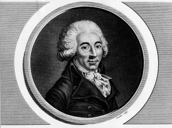 Armand Gensonnen (1758 - 1793) muotokuva valmistelukunnan varapuheenjohtajasta. Kaiverrus "" Täydellinen kokoelma Ranskan vallankumouksen historiallisia maalauksia, kolme osaa.""" 1804.