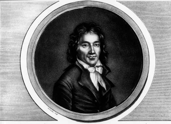 Pariisin sijaisen Camille Desmoulinsin (1760-1794) muotokuva. Kaiverrus "" Täydellinen kokoelma Ranskan vallankumouksen historiallisia maalauksia, kolme osaa.""" 1804.