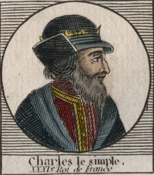 Kaarle III:n muotokuvassa lukee Yksinkertainen (879-929) frangien kuningas - KARLES III (879-929) - Kaarle Yksinkertainen - Ranskan kuningas, 893-923 - kaiverrus Charlesin "Instruction sur l