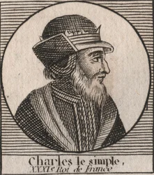 Kaarle III:n muotokuvassa lukee Yksinkertainen (879-929) frangien kuningas - KARLES III (879-929) - Kaarle Yksinkertainen - Ranskan kuningas, 893-923 - kaiverrus Charlesin "Instruction sur l