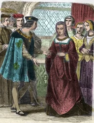 Kaarle VIII:n ja Bretagnen Annen muotokuva. Kaiverrus 1800-luvulta - kuningas Kaarle VIII (1470-98) ja Bretagnen kuningatar Anne (1477-1514) kaiverrus