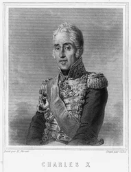 Kaarle X:n (1757 - 1836), Ranskan kuninkaan muotokuva - Lavalléen "Histoire des Français" -kirjassa, kaiverrus, sd.