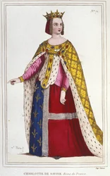 Charlotte de Savoyn muotokuva 1445 -1483 Ranskan kuningatar 1461-1483 Ludvig XI:n (Le Prudent) morsian vuonna 1451 tehdyssä kaiverruksessa vuodelta 1830