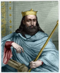 Muotokuva Clotairesta (Clothaire) I (497 - 561), Neutrian kuningas ja frangien kuningas - Lavalleen "Histoire des Francais" -kirjassa, kaiverrus, sd.