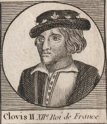 Muotokuva Clovis II:sta, frangien kuninkaan (v.633-657) - Clovis II:n (n.634-657), Merovingien frankkien Neutrian ja Burgundin kuninkaan (639-657) muotokuva - kaiverrus "" Instruction sur l