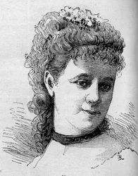 Muotokuva Emilie Broisatista (1848-1929), ranskalaisesta koomikosta, Comedie Francaisen jäsenestä. Kaiverrus "" Le Monde Illustré" -julkaisussa n¡1168, 16. elokuuta 1879.