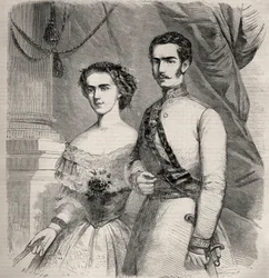 Itävallan keisari Francois Joseph (Francois Joseph) I (1830-1916) ja hänen vaimonsa Elisabeth of Wittelsbach (1837-1898) (sissi) muotokuva. Kaiverrus "Le Monde illustrious" -kirjoitukseen vuodelta 1857. Yksityinen kokoelma.