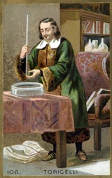 Muotokuva Evangelista Torricellista eli Toricellista (1608 - 1647), italialaisesta fyysikosta, keksintönsä ilmapuntarin (elohopeaputki) kanssa. Kromolitografia 1800-luvulta.