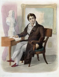 Muotokuva Francois-Joseph (Francois Joseph) Talmasta (1763-1826), ranskalainen koomikko. julkaisussa Ed. Mennechet, "" Ranskan Plutarch""
