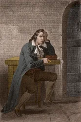 Ranskan vallankumouksellisen Francois Babeuf dit Gracchuksen (1760-1797) muotokuva, joka puukotti itseään - Anonyymi kaiverrus